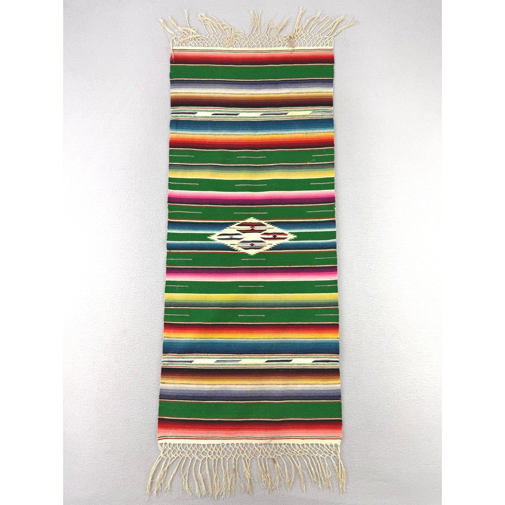 Vintage Mexican Serape Table Runner  Green Striped Fringe Boho Spanish Revival